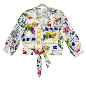 Rachel Zoe Linen Blend‎ Tropical Fruit Bicycle Tie Front Top Small Beach Hippie